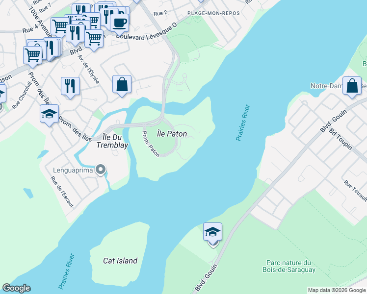 map of restaurants, bars, coffee shops, grocery stores, and more near 4500 Promenade Paton in Laval