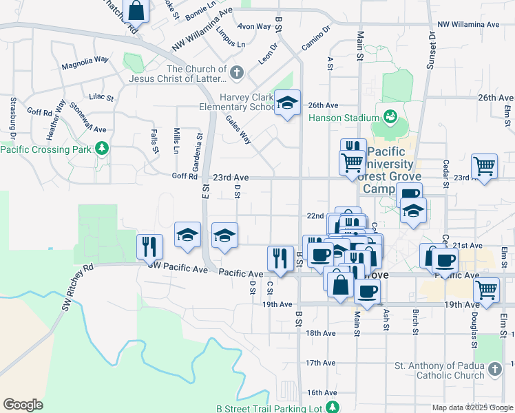 map of restaurants, bars, coffee shops, grocery stores, and more near 1631 22nd Avenue in Forest Grove