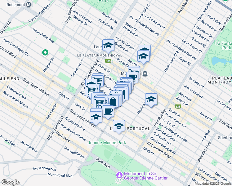 map of restaurants, bars, coffee shops, grocery stores, and more near 4570 Avenue de l'Hôtel de Ville in Montreal