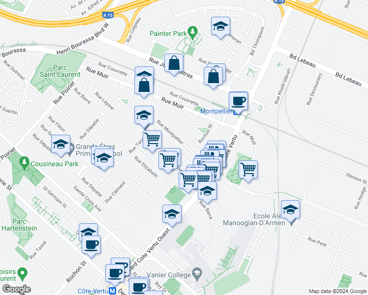 map of restaurants, bars, coffee shops, grocery stores, and more near 1222 Rue Montpellier in Montréal