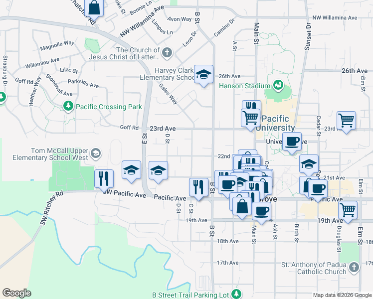 map of restaurants, bars, coffee shops, grocery stores, and more near 2210 C Street in Forest Grove