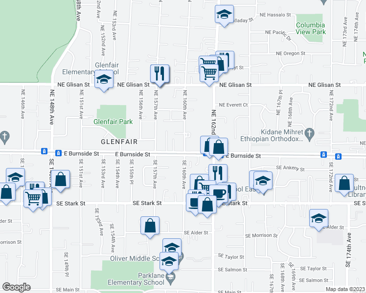 map of restaurants, bars, coffee shops, grocery stores, and more near 29 Northeast 160th Avenue in Portland