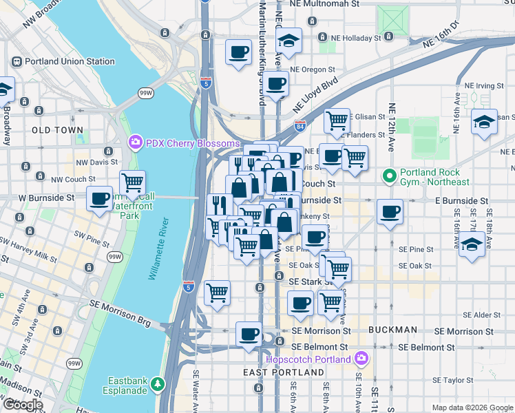 map of restaurants, bars, coffee shops, grocery stores, and more near 6 Southeast 3rd Avenue in Portland
