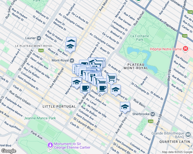 map of restaurants, bars, coffee shops, grocery stores, and more near 461 Rue Rachel Est in Montréal