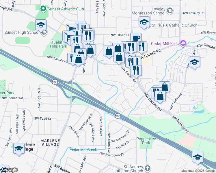 map of restaurants, bars, coffee shops, grocery stores, and more near 13025 Northwest Glenridge Drive in Portland