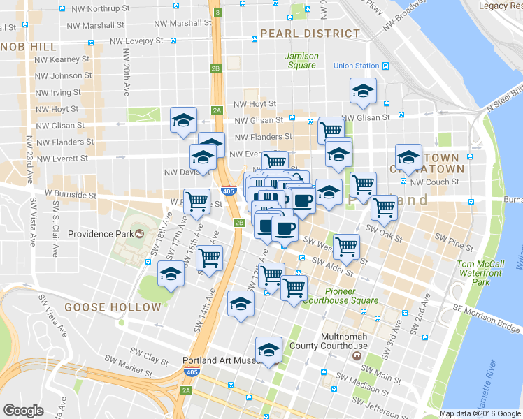 map of restaurants, bars, coffee shops, grocery stores, and more near 411 Southwest 12th Avenue in Portland