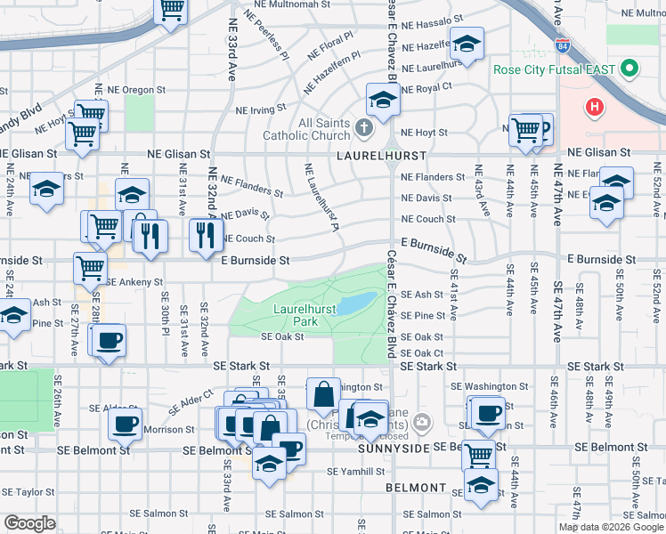 map of restaurants, bars, coffee shops, grocery stores, and more near 35 Southeast Laurelhurst Place in Portland