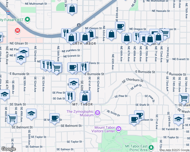 map of restaurants, bars, coffee shops, grocery stores, and more near 102 Southeast 62nd Avenue in Portland