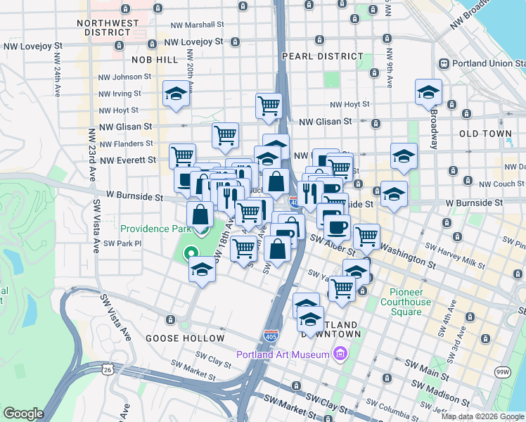 map of restaurants, bars, coffee shops, grocery stores, and more near 621 Southwest 16th Avenue in Portland