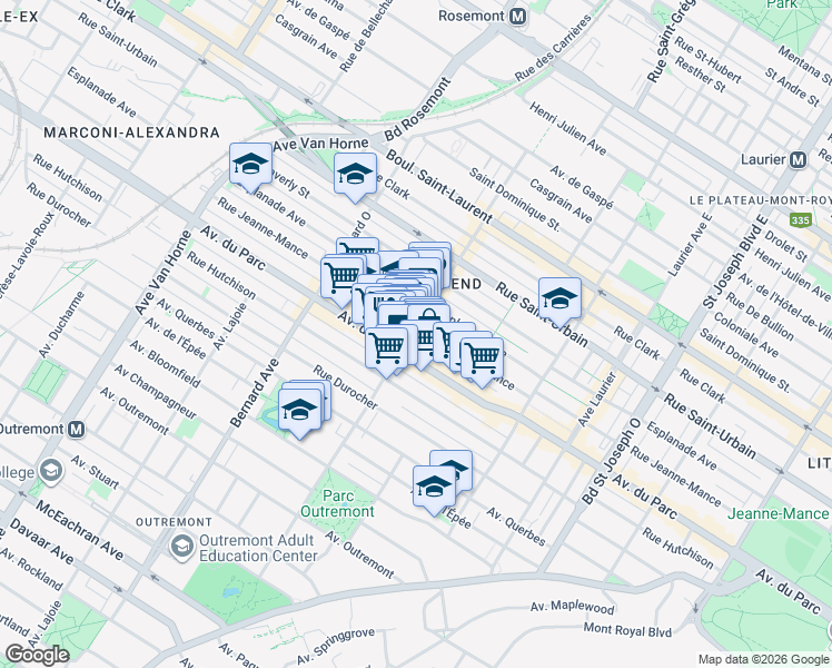 map of restaurants, bars, coffee shops, grocery stores, and more near in Montreal