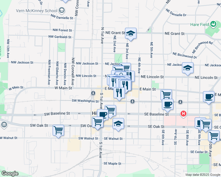 map of restaurants, bars, coffee shops, grocery stores, and more near 150 East Main Street in Hillsboro