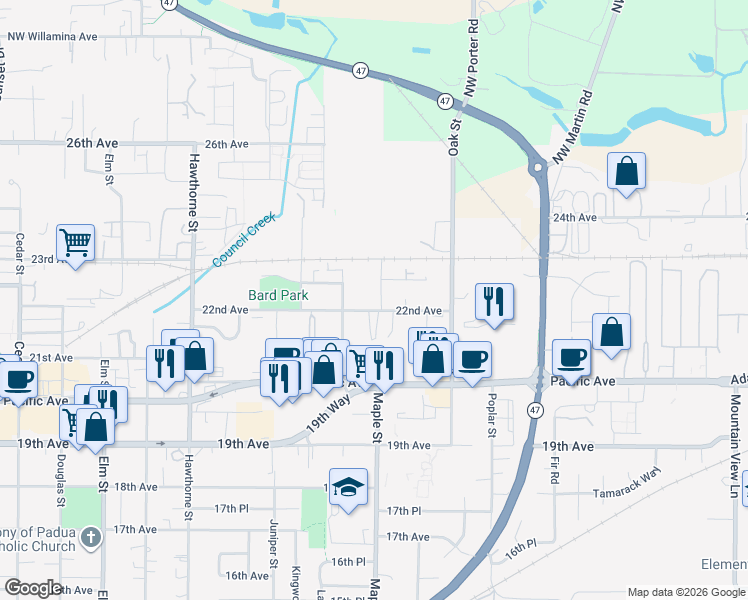 map of restaurants, bars, coffee shops, grocery stores, and more near 3124 22nd Avenue in Forest Grove
