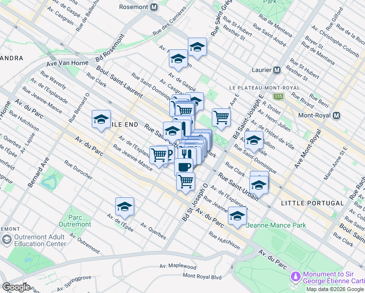 map of restaurants, bars, coffee shops, grocery stores, and more near 5173 Rue Saint-Urbain in Montréal
