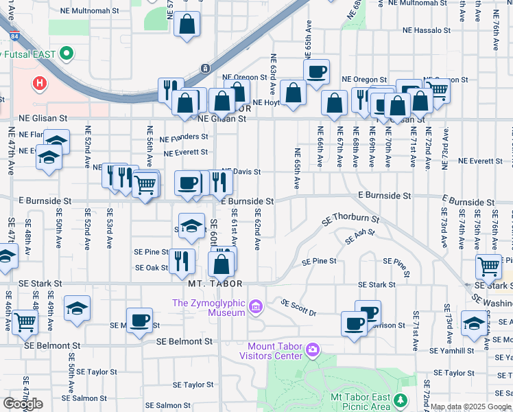 map of restaurants, bars, coffee shops, grocery stores, and more near 15 Southeast 62nd Avenue in Portland