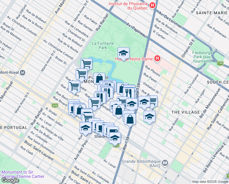 map of restaurants, bars, coffee shops, grocery stores, and more near 3768 Avenue du Parc-La Fontaine in Montréal