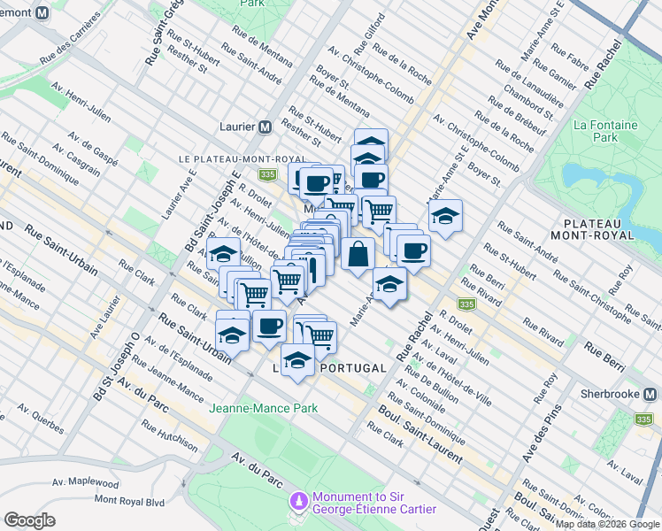 map of restaurants, bars, coffee shops, grocery stores, and more near 276 Mont-Royal Avenue East in Montreal
