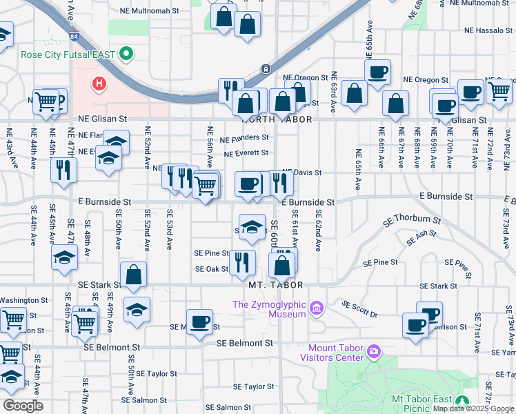 map of restaurants, bars, coffee shops, grocery stores, and more near 5815 Southeast Ash Street in Portland