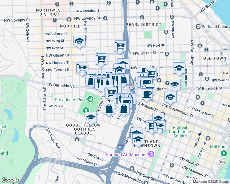 map of restaurants, bars, coffee shops, grocery stores, and more near 621 Southwest 16th Avenue in Portland