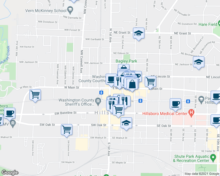 map of restaurants, bars, coffee shops, grocery stores, and more near S 1st Ave & W Main St in Hillsboro