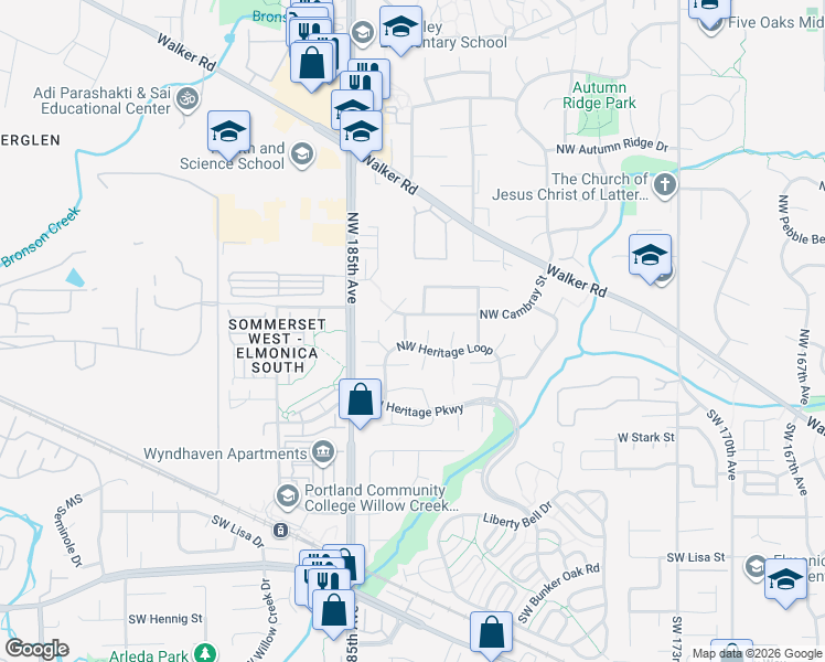 map of restaurants, bars, coffee shops, grocery stores, and more near 293 Northwest 182nd Avenue in Aloha