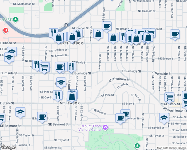 map of restaurants, bars, coffee shops, grocery stores, and more near 117 Southeast 65th Avenue in Portland