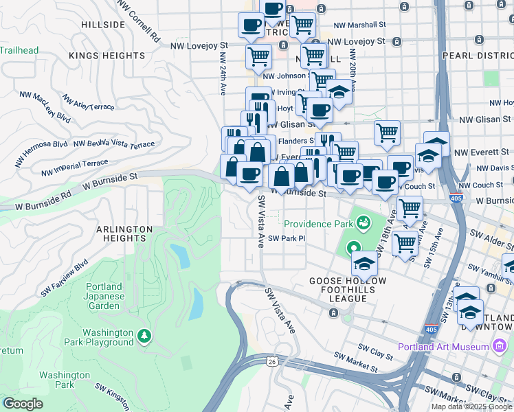 map of restaurants, bars, coffee shops, grocery stores, and more near 751 Southwest Vista Avenue in Portland