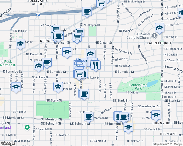 map of restaurants, bars, coffee shops, grocery stores, and more near 2912 Southeast Ankeny Street in Portland