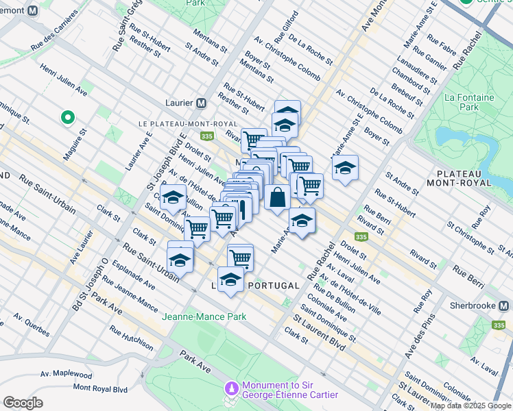 map of restaurants, bars, coffee shops, grocery stores, and more near 276 Avenue du Mont-Royal Est in Montréal