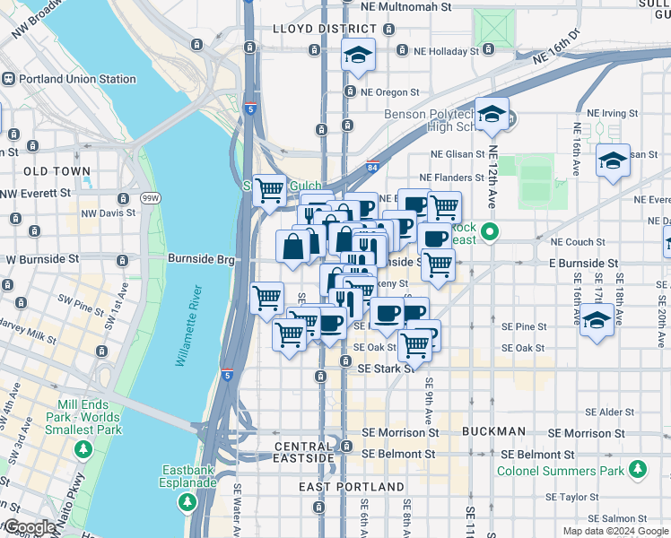 map of restaurants, bars, coffee shops, grocery stores, and more near 107 Southeast Grand Avenue in Portland