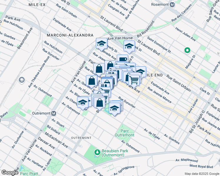 map of restaurants, bars, coffee shops, grocery stores, and more near 1035 Avenue Bernard in Montréal