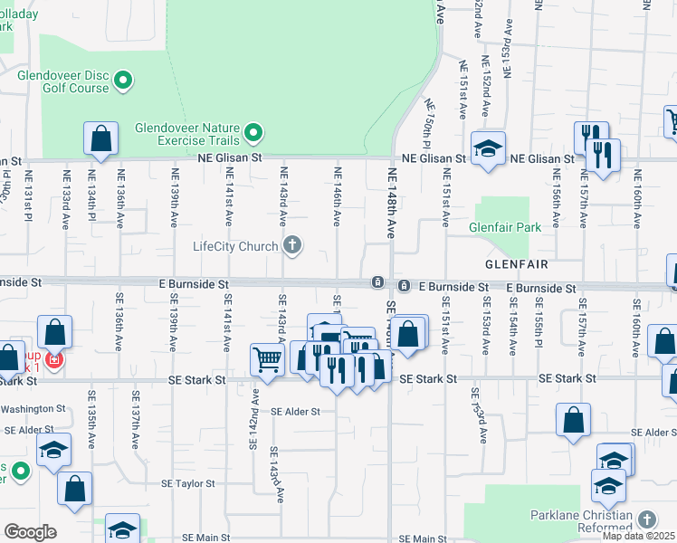 map of restaurants, bars, coffee shops, grocery stores, and more near 14630 East Burnside Street in Portland