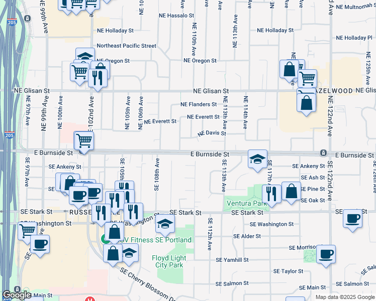 map of restaurants, bars, coffee shops, grocery stores, and more near 10957 Southeast Ankeny Street in Portland