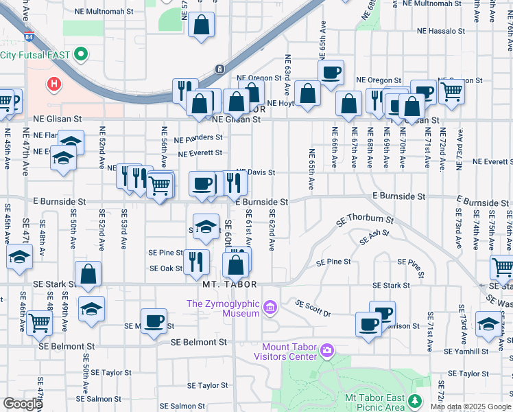 map of restaurants, bars, coffee shops, grocery stores, and more near 51 Southeast 61st Avenue in Portland