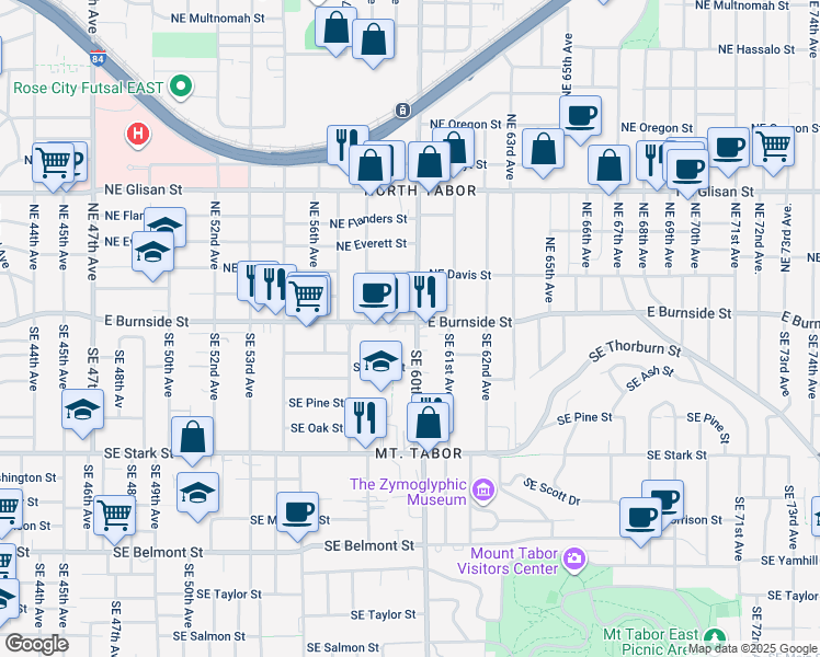 map of restaurants, bars, coffee shops, grocery stores, and more near 51 Southeast 60th Avenue in Portland