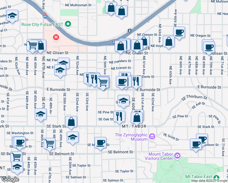 map of restaurants, bars, coffee shops, grocery stores, and more near 5624 Southeast Ankeny Street in Portland