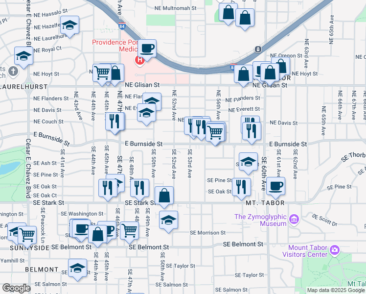 map of restaurants, bars, coffee shops, grocery stores, and more near 112 Southeast 52nd Avenue in Portland