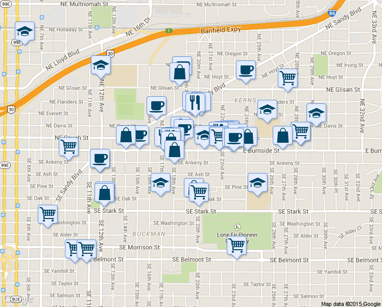 map of restaurants, bars, coffee shops, grocery stores, and more near in Portland
