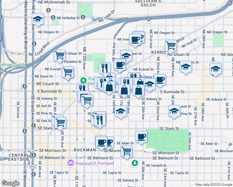 map of restaurants, bars, coffee shops, grocery stores, and more near 1628 Southeast Ankeny Street in Portland