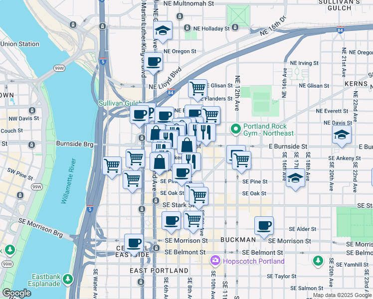 map of restaurants, bars, coffee shops, grocery stores, and more near 734-736 Southeast Ankeny Street in Portland