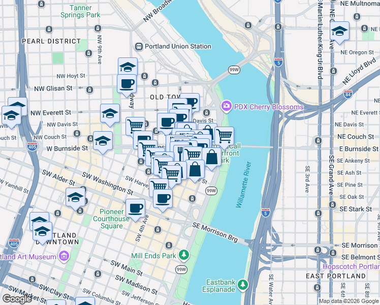 map of restaurants, bars, coffee shops, grocery stores, and more near 108 Southwest 3rd Avenue in Portland