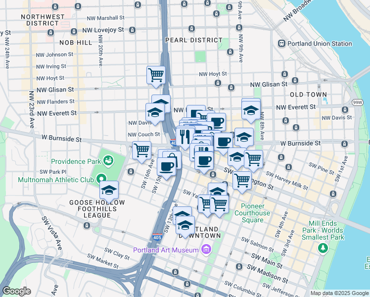 map of restaurants, bars, coffee shops, grocery stores, and more near 1312 Southwest Washington Street in Portland