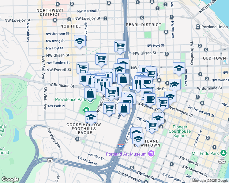 map of restaurants, bars, coffee shops, grocery stores, and more near 621 Southwest 16th Avenue in Portland