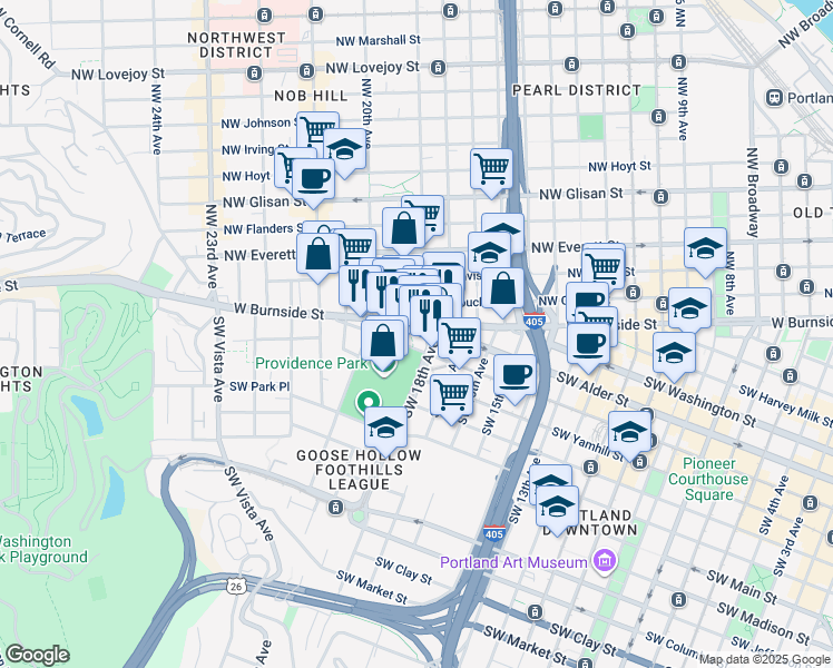 map of restaurants, bars, coffee shops, grocery stores, and more near 1844 Southwest Morrison Street in Portland