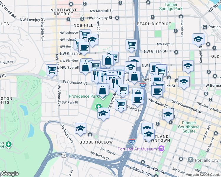 map of restaurants, bars, coffee shops, grocery stores, and more near 1844 Southwest Morrison Street in Portland
