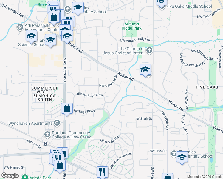 map of restaurants, bars, coffee shops, grocery stores, and more near 17811 Northwest Pioneer Road in Beaverton
