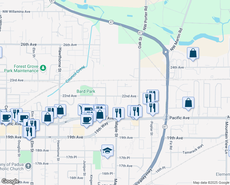 map of restaurants, bars, coffee shops, grocery stores, and more near 3124 22nd Avenue in Forest Grove