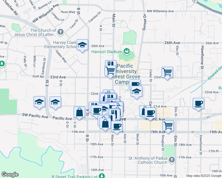 map of restaurants, bars, coffee shops, grocery stores, and more near 2134 Main Street in Forest Grove