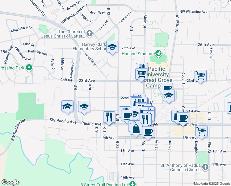 map of restaurants, bars, coffee shops, grocery stores, and more near 1806 22nd Avenue in Forest Grove