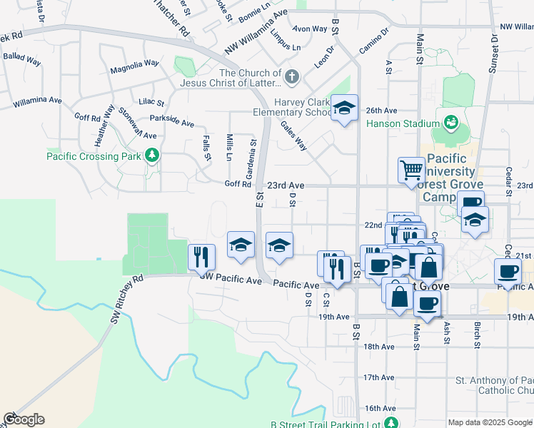map of restaurants, bars, coffee shops, grocery stores, and more near 1502 22nd Avenue in Forest Grove