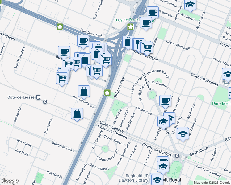 map of restaurants, bars, coffee shops, grocery stores, and more near in Mount Royal